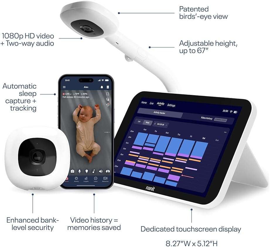 Nanit Smart Baby Monitor System with Floor Stand & 8" Display Screen - Crystal-Clear Video, Real-Time Notifications, Sleep Insights - Baby Must Have for Parents - Image 2