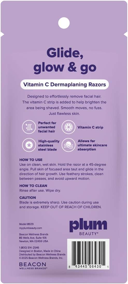 Plum Beauty Vitamin C Dermaplaning Razors (3-Pack)– Facial Razors for Women | Peach Fuzz & Dead Skin Remover, Brightening Vitamin C Strip for Collagen Support & Skincare Absorption - Image 3