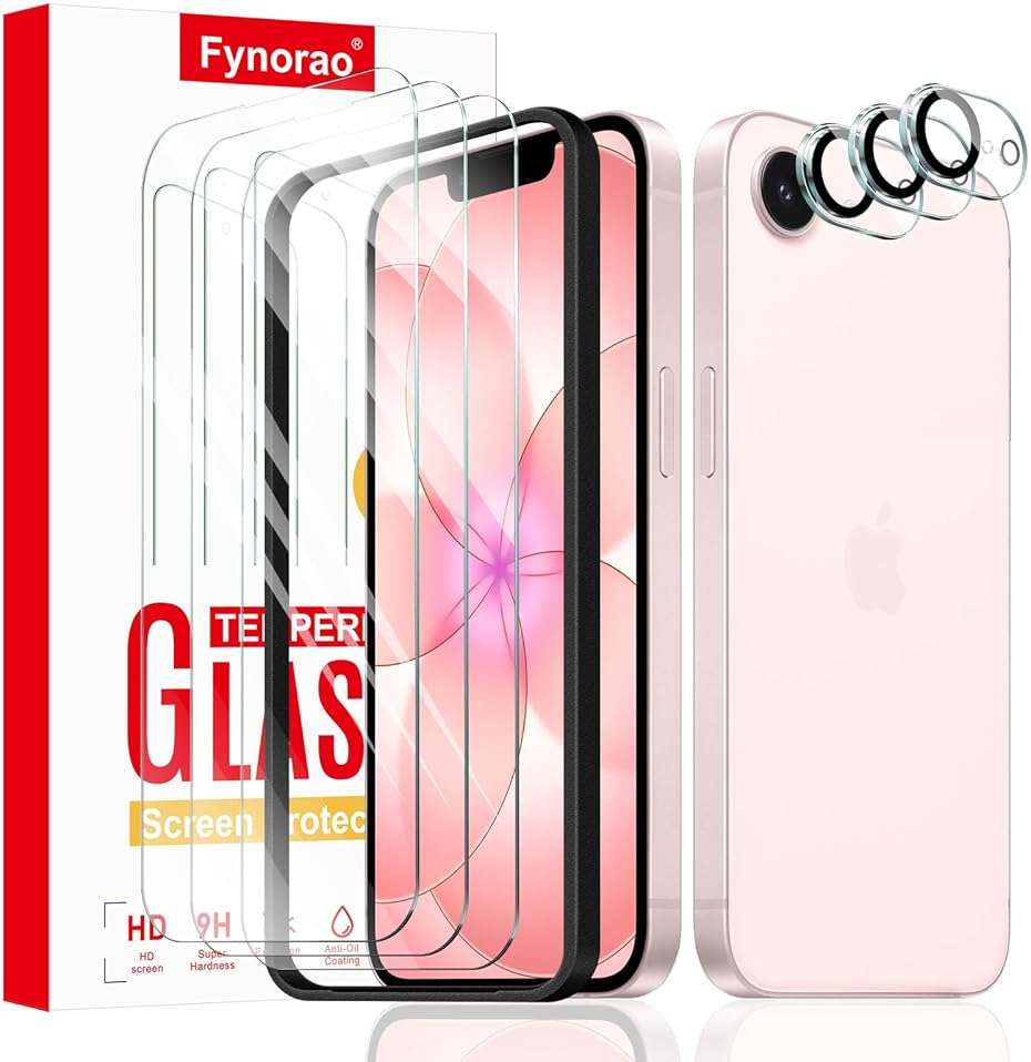 Fynorao 3+3+1-Pack, Screen Protector and Camera Lens Protector for iPhone 16e/17e with Installation Alignment Aid, Tempered Glass Film, Impact-Protection, HD, Anti-Scratch, 9H Hardness - Image 1