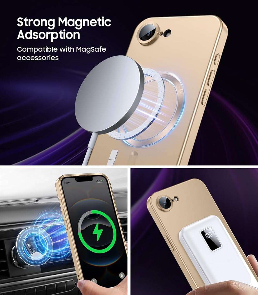 LEKEVO Magnetic for iPhone 17e Case/iPhone 16e Case [Compatible with MagSafe][Built-in Camera Lens Protector] Slim Soft Silicone Bumper Shockproof Metallic Luster 17e Phone Case (Gold) - Image 3