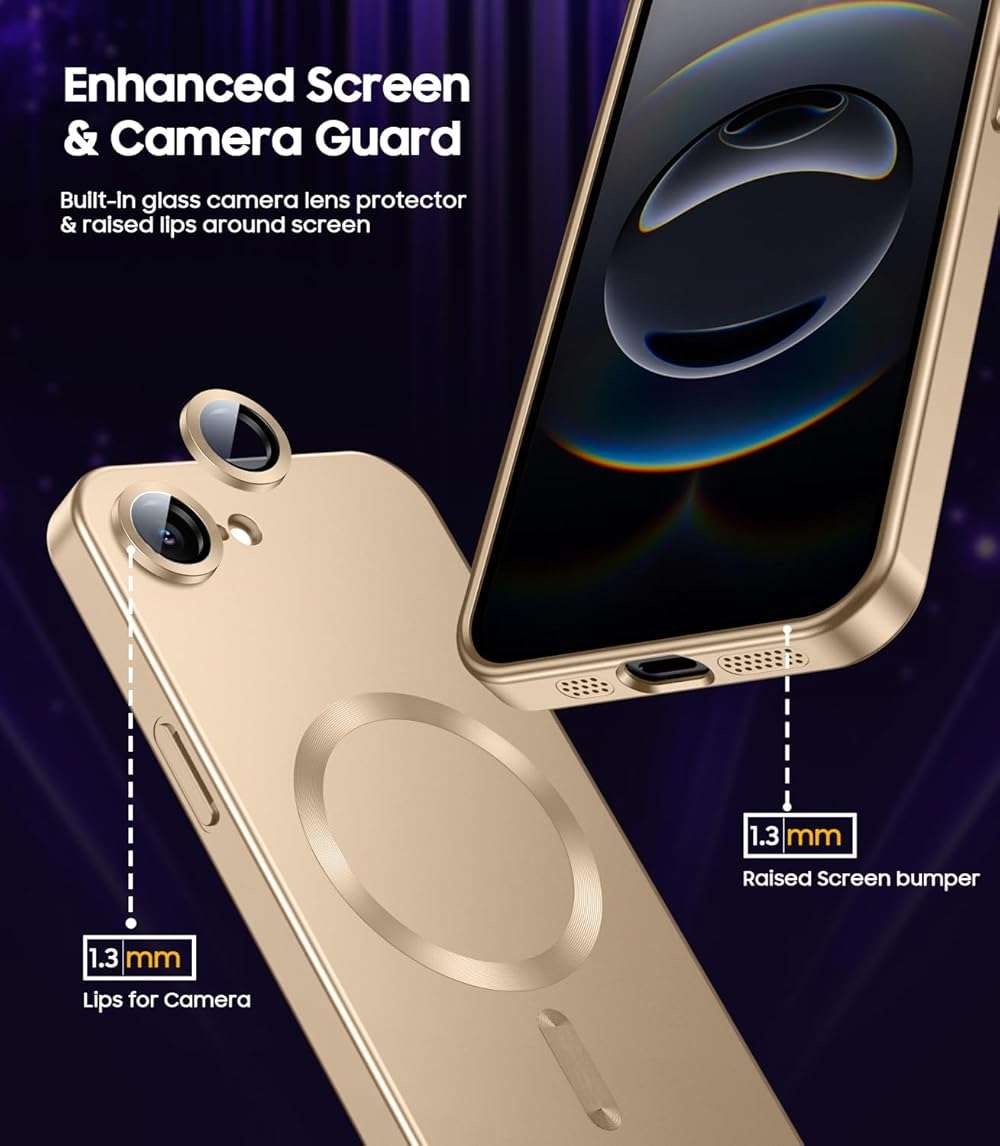 LEKEVO Magnetic for iPhone 17e Case/iPhone 16e Case [Compatible with MagSafe][Built-in Camera Lens Protector] Slim Soft Silicone Bumper Shockproof Metallic Luster 17e Phone Case (Gold) - Image 4