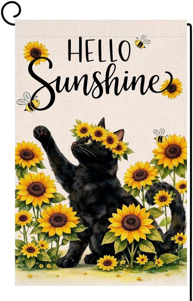 BLKWHT Summer Cat Sunflowers Garden Flag 12x18 Vertical Double Sided Yellow Flowers Spring Farmhouse Holiday Outside Decorations Burlap Yard Flag BW859 - Image 1