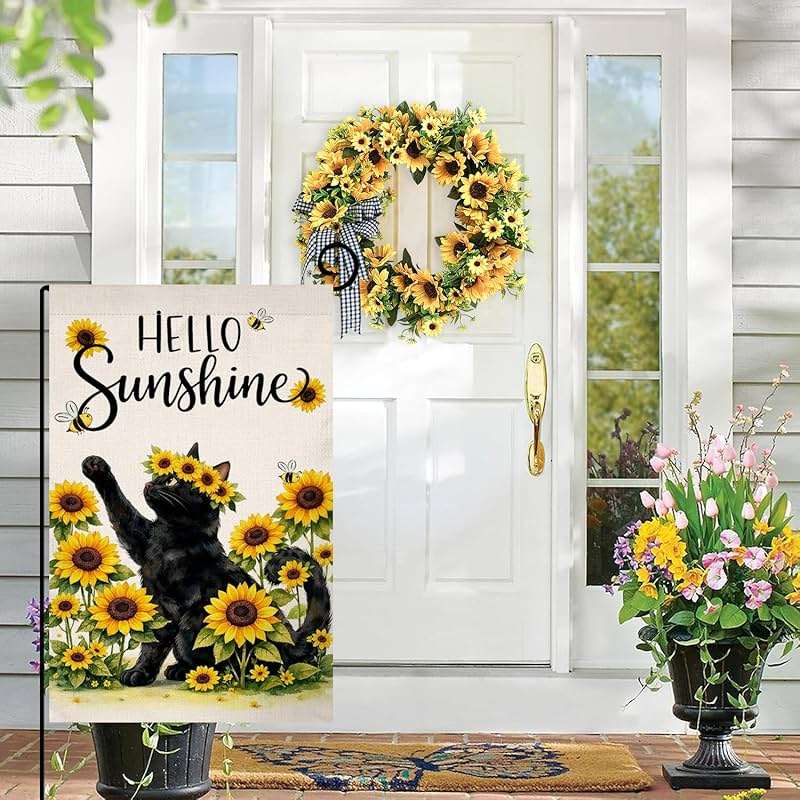 BLKWHT Summer Cat Sunflowers Garden Flag 12x18 Vertical Double Sided Yellow Flowers Spring Farmhouse Holiday Outside Decorations Burlap Yard Flag BW859 - Image 2