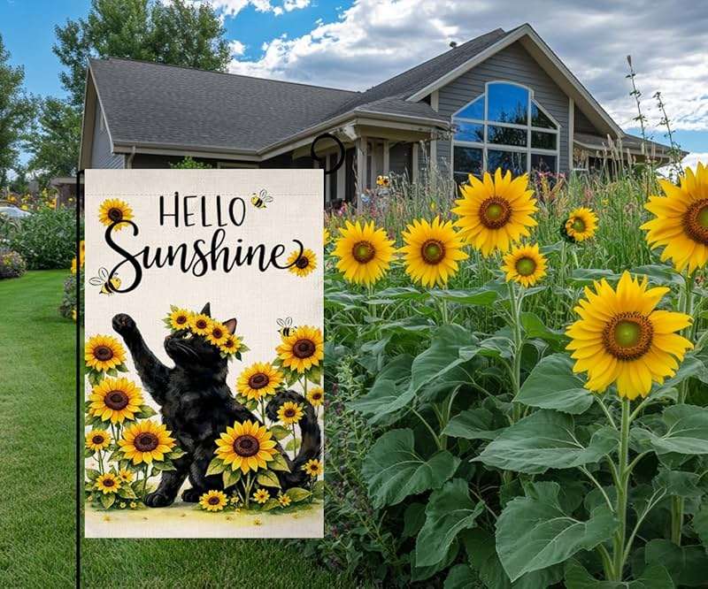 BLKWHT Summer Cat Sunflowers Garden Flag 12x18 Vertical Double Sided Yellow Flowers Spring Farmhouse Holiday Outside Decorations Burlap Yard Flag BW859 - Image 3