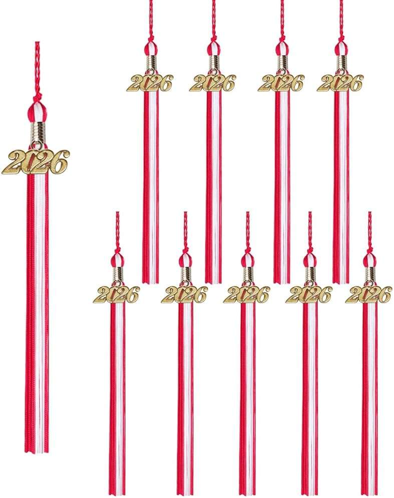 Class Act Graduation Tassels Bulk Set – 10 Pack Tassels with 2026 Year Charm, Classic Grad Accessories for High School, College and University, Red/White - Image 1