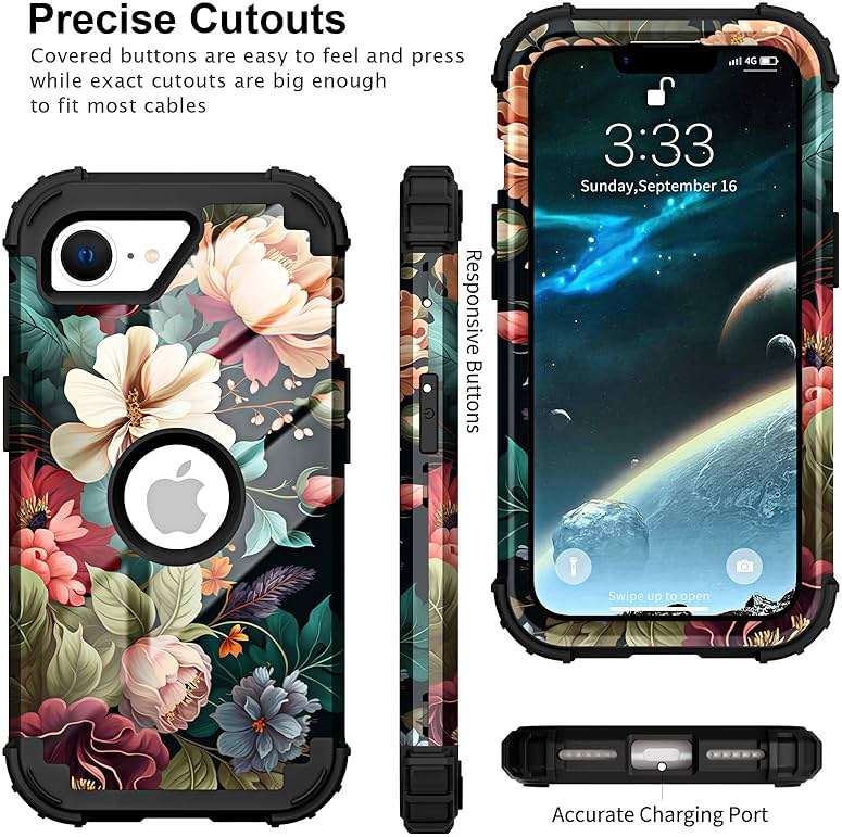 PIXIU Unique Flower Pattern Compatible with iPhone 17e/16e 6.1 inch case,Heavy Duty Dual Layer Shockproof Full-Body Protective Sturdy Hybrid Cute Rugged Case for Women,Girls,Kids Peonies - Image 3