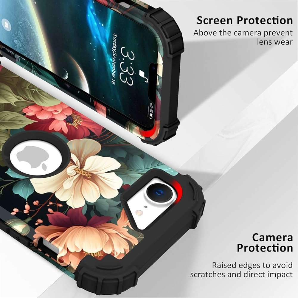 PIXIU Unique Flower Pattern Compatible with iPhone 17e/16e 6.1 inch case,Heavy Duty Dual Layer Shockproof Full-Body Protective Sturdy Hybrid Cute Rugged Case for Women,Girls,Kids Peonies - Image 4