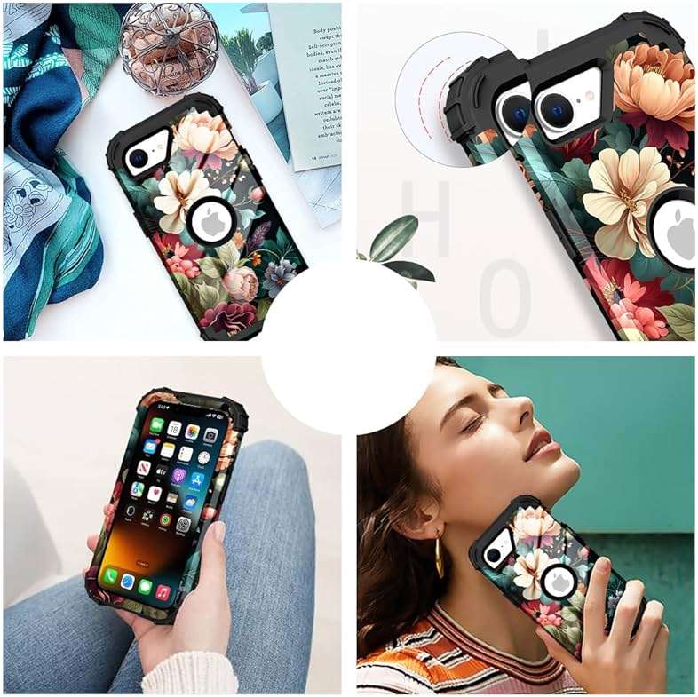 PIXIU Unique Flower Pattern Compatible with iPhone 17e/16e 6.1 inch case,Heavy Duty Dual Layer Shockproof Full-Body Protective Sturdy Hybrid Cute Rugged Case for Women,Girls,Kids Peonies - Image 8