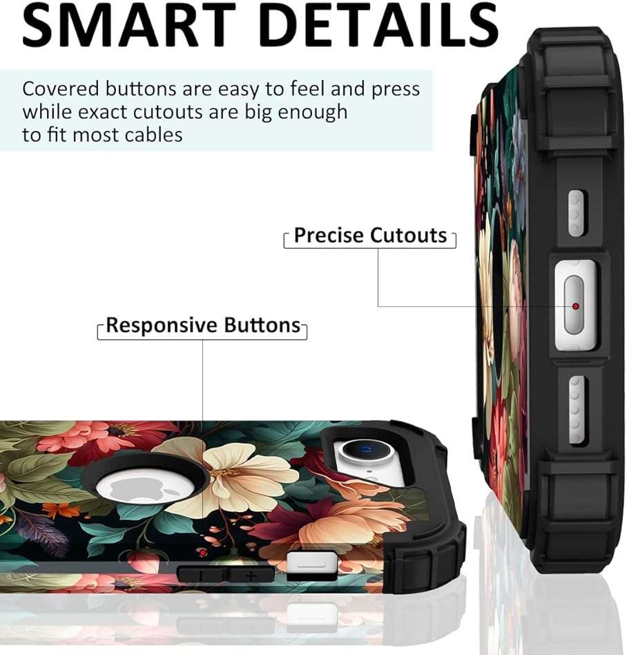 PIXIU Unique Flower Pattern Compatible with iPhone 17e/16e 6.1 inch case,Heavy Duty Dual Layer Shockproof Full-Body Protective Sturdy Hybrid Cute Rugged Case for Women,Girls,Kids Peonies - Image 9