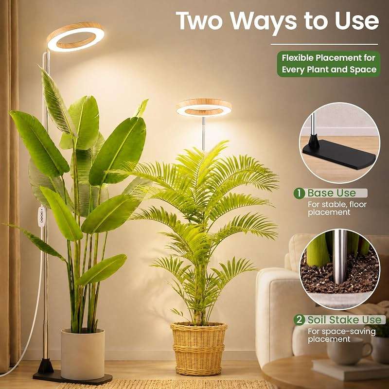 LBW Grow Lights for Indoor Plants, 6.3" Full Spectrum Plant Light with Base, 65" Height Adjustable Grow Lamp, 6/8/12/16H Auto Timer, 3 Colors, 5 Dimmable Levels, for Tall Large Plants, Bamboo Grain - Image 2