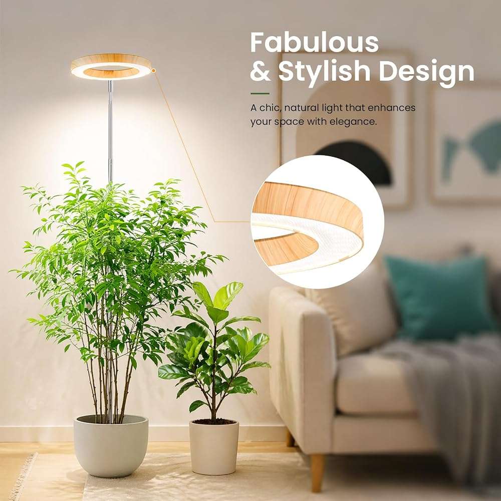 LBW Grow Lights for Indoor Plants, 6.3" Full Spectrum Plant Light with Base, 65" Height Adjustable Grow Lamp, 6/8/12/16H Auto Timer, 3 Colors, 5 Dimmable Levels, for Tall Large Plants, Bamboo Grain - Image 6
