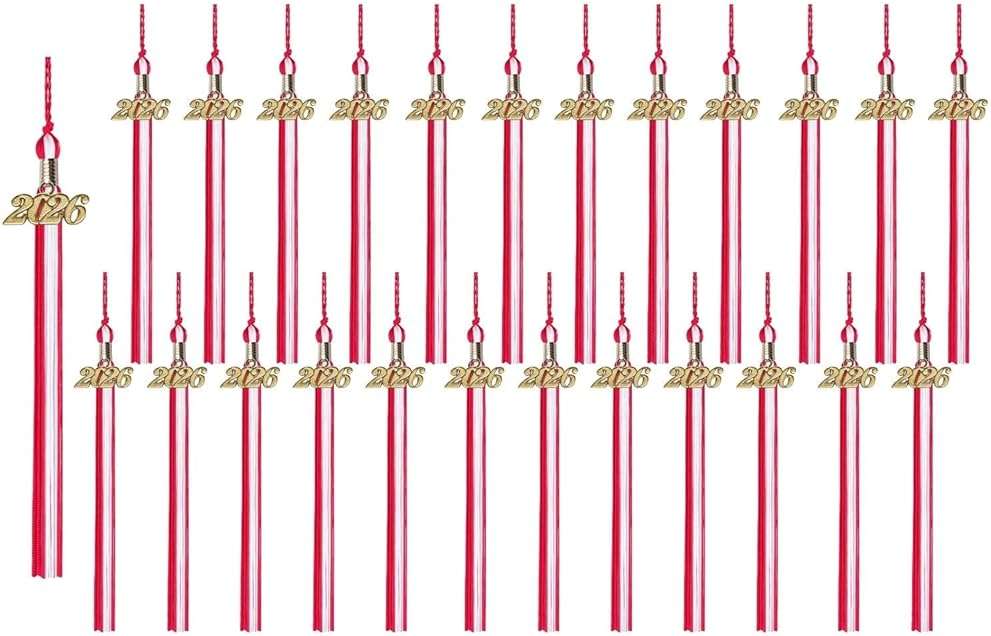 Class Act Graduation Tassels Bulk Set – 25 Pack Tassels with 2026 Year Charm, Classic Grad Accessories for High School, College and University, Red/White - Image 1
