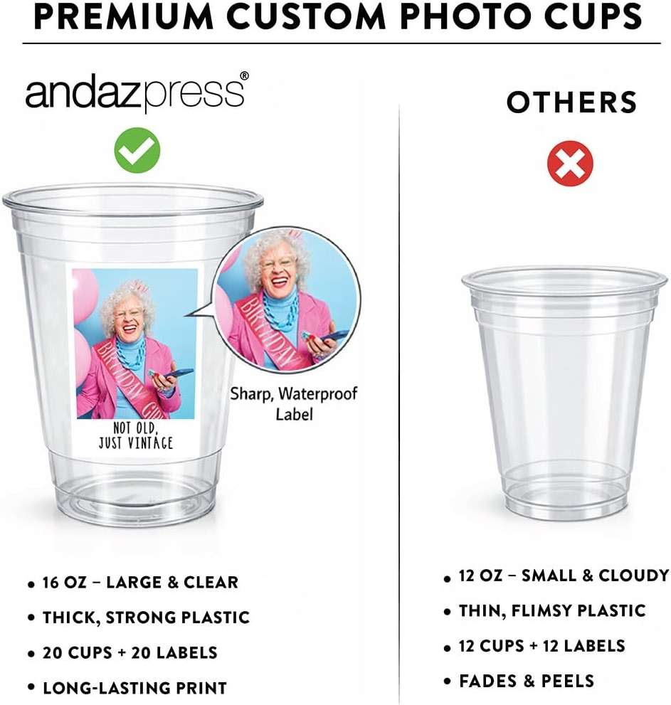 Andaz Press Custom Photo Cups for Party, Personalized 16oz Plastic Cups with Picture & Text Labels, Disposable Drinkware for Birthday, Wedding, Graduation, Baby Shower, Retro Est Year Theme Set of 20 - Image 6