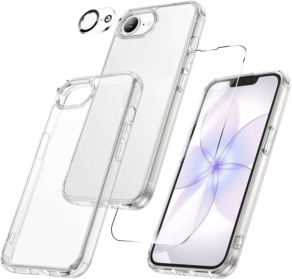 Maxdara for iPhone 17e Case& iPhone 16e Case, [3 in 1] with Front Tempered Glass Screen Protector & Camera Lens Protector & Anti-Yellowing Slim Shockproof Cover for iPhone 17e (Transparent+Clear) - Image 1