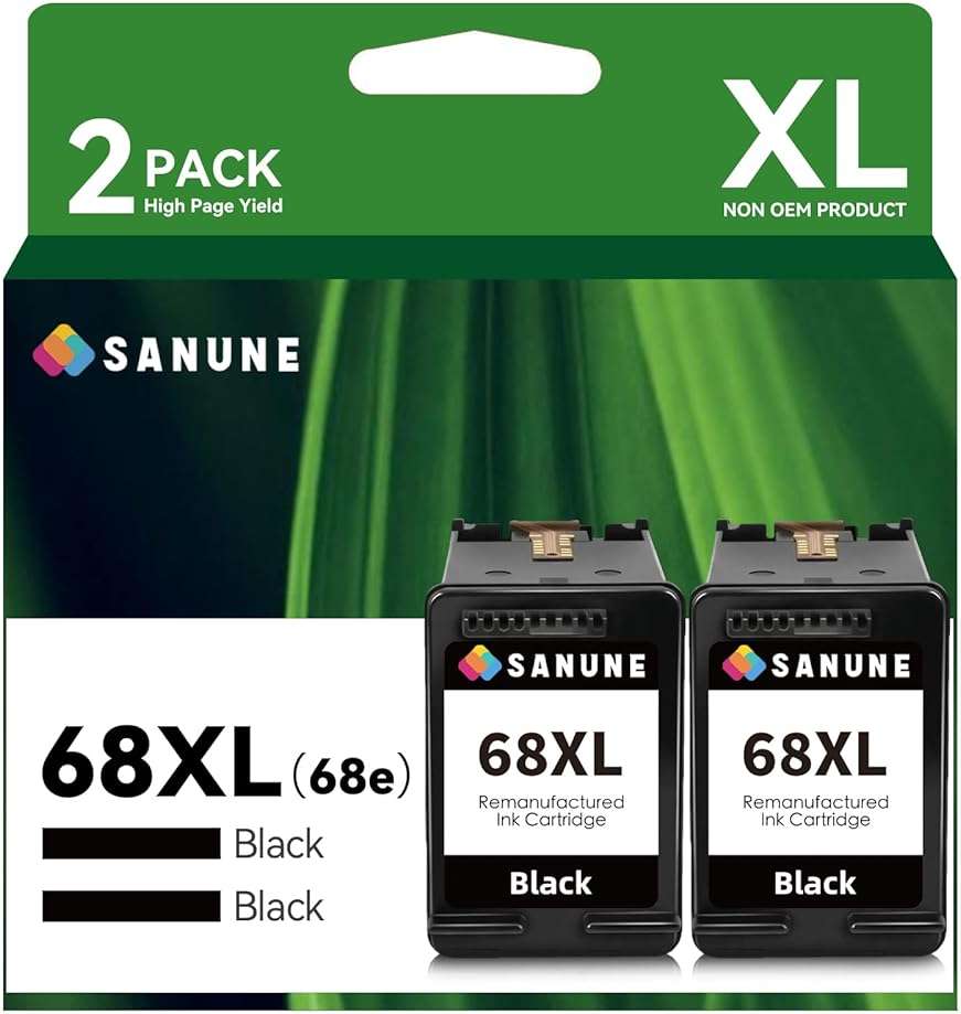 SANUNE 68XL Ink Cartridge Replacement for HP 68 68e Black Ink Cartridges for HP Envy 6110e 6120e 6122e 6130e 6132e 6133e 6520e 6530e 6531e 6532e 6552e 6555e 6558e Printer (2-Pack) - Image 1