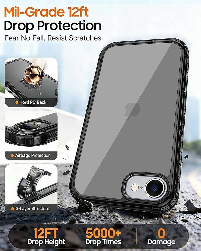 Lifedance Rugged Full-Body Case for iPhone 17e/16e, Built-in Screen Protector, 10FT Military Drop Tested, Clear Shockproof Phone Case Cover for iPhone 17e & 16e, Clear Black - Image 4