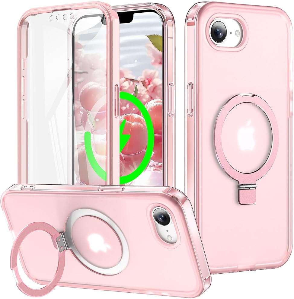 Turquiase for iPhone 17e/16e Full Body Shockproof Case with Magnetic Invisible Stand [Compatible with MagSafe] Built-in Screen Protector Military Drop ProtectionTranslucent Phone Cover -Pink - Image 1
