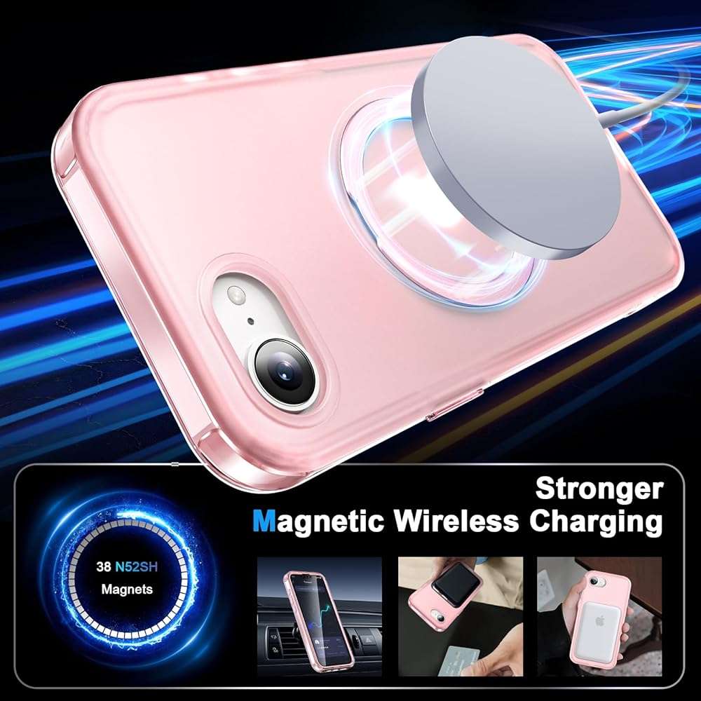Turquiase for iPhone 17e/16e Full Body Shockproof Case with Magnetic Invisible Stand [Compatible with MagSafe] Built-in Screen Protector Military Drop ProtectionTranslucent Phone Cover -Pink - Image 2