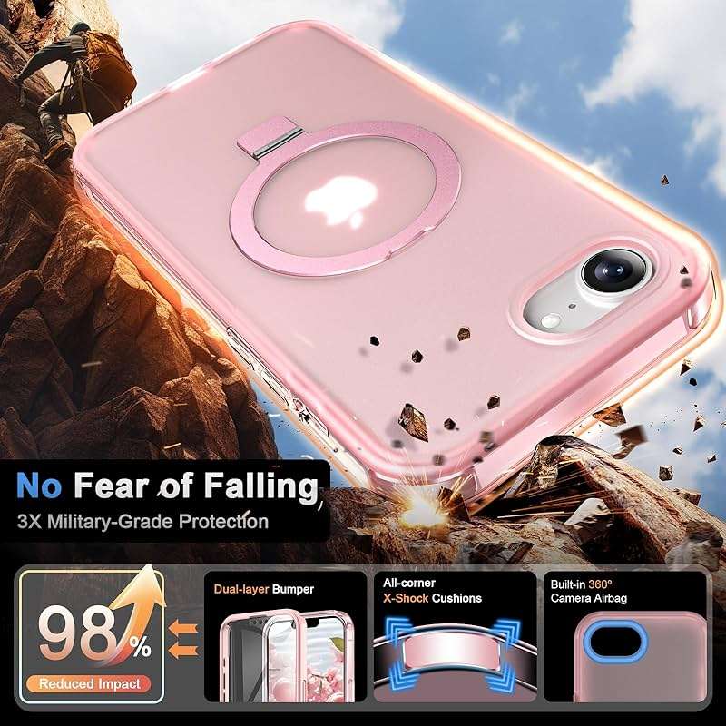 Turquiase for iPhone 17e/16e Full Body Shockproof Case with Magnetic Invisible Stand [Compatible with MagSafe] Built-in Screen Protector Military Drop ProtectionTranslucent Phone Cover -Pink - Image 3