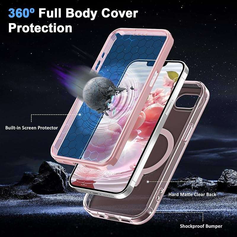 Turquiase for iPhone 17e/16e Full Body Shockproof Case with Magnetic Invisible Stand [Compatible with MagSafe] Built-in Screen Protector Military Drop ProtectionTranslucent Phone Cover -Pink - Image 4