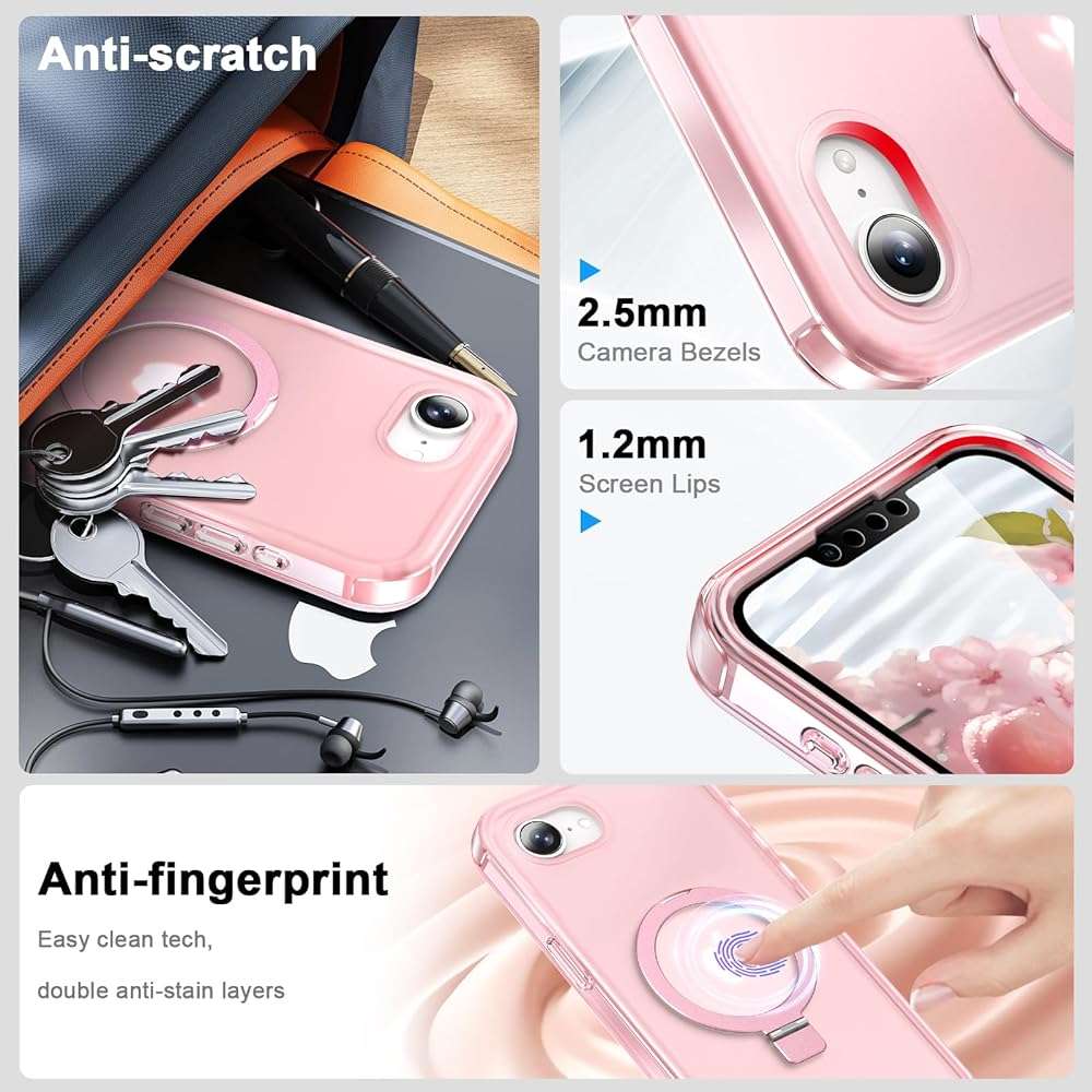 Turquiase for iPhone 17e/16e Full Body Shockproof Case with Magnetic Invisible Stand [Compatible with MagSafe] Built-in Screen Protector Military Drop ProtectionTranslucent Phone Cover -Pink - Image 5