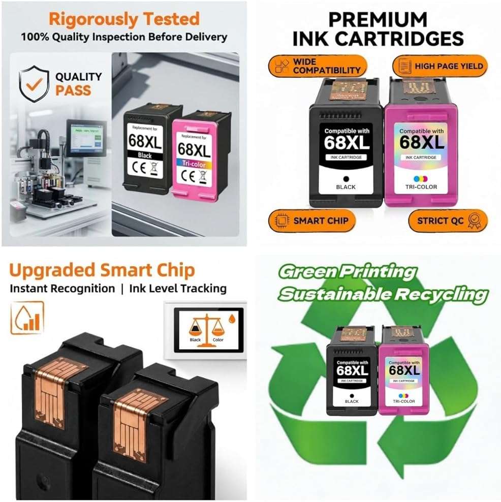 68XL 68 Ink Cartridges Black Color Combo Pack Replacement for HP HP+ Ink Cartridges Combo Pack for HP+ Ink 68 Fit for Envy 6155e 6555e 6100e 6165e 6500e 6152e 6552e 6558e Printer (1Black, 1Tri-Color) - Image 4