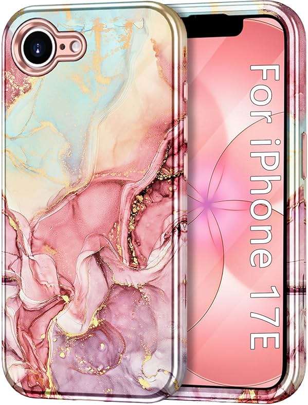 Btscase Compatible with iPhone 17e Case 6.1 Inch 2026,Marble Pattern 3 in 1 Heavy Duty Shockproof Full Body Rugged Hard PC+Soft Silicone Drop Protective Women Girl Phone Cases, Rose Gold - Image 1