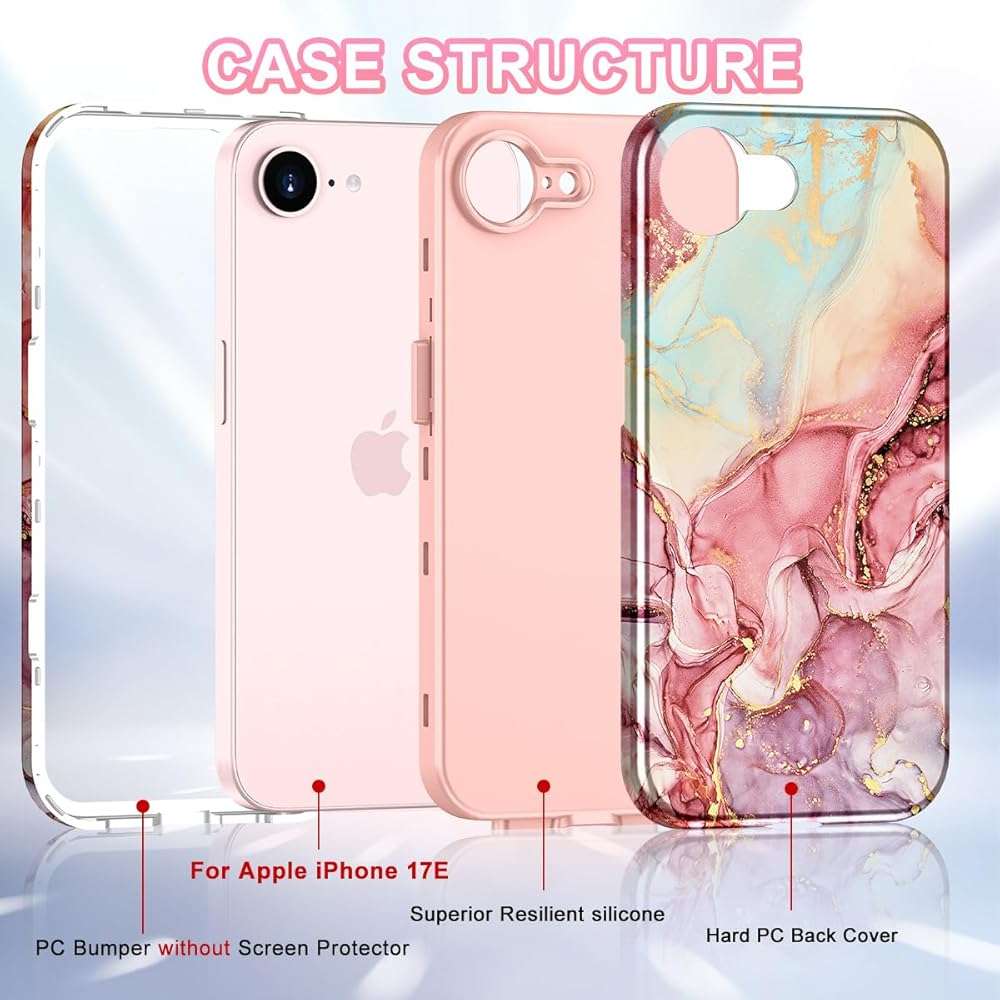 Btscase Compatible with iPhone 17e Case 6.1 Inch 2026,Marble Pattern 3 in 1 Heavy Duty Shockproof Full Body Rugged Hard PC+Soft Silicone Drop Protective Women Girl Phone Cases, Rose Gold - Image 2