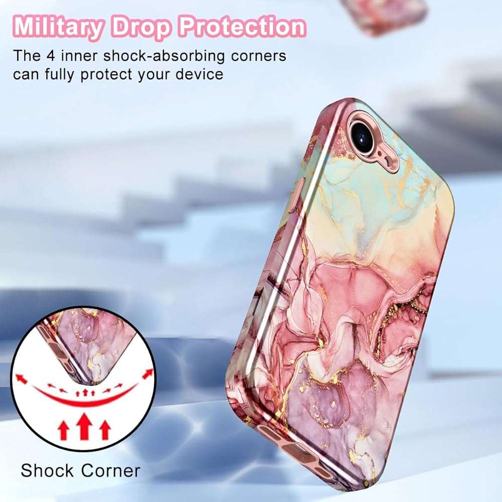 Btscase Compatible with iPhone 17e Case 6.1 Inch 2026,Marble Pattern 3 in 1 Heavy Duty Shockproof Full Body Rugged Hard PC+Soft Silicone Drop Protective Women Girl Phone Cases, Rose Gold - Image 5