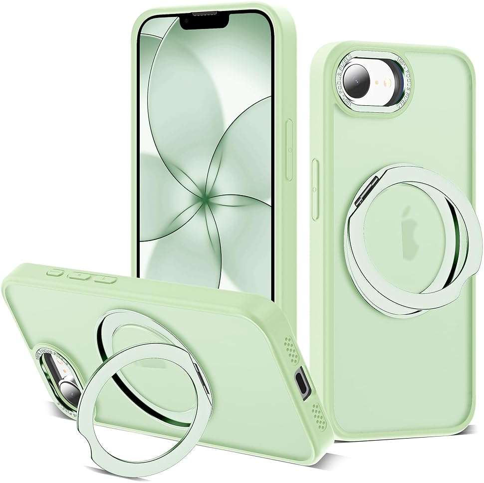 Zalinbo for iPhone 16e Case & iPhone 17e Case with 360° Rotatable Magnetic Ring Stand Compatible with Mag-Safe Military Protection Shockproof Matte Translucent Phone Cases, Green - Image 1
