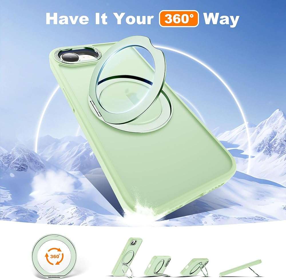 Zalinbo for iPhone 16e Case & iPhone 17e Case with 360° Rotatable Magnetic Ring Stand Compatible with Mag-Safe Military Protection Shockproof Matte Translucent Phone Cases, Green - Image 2
