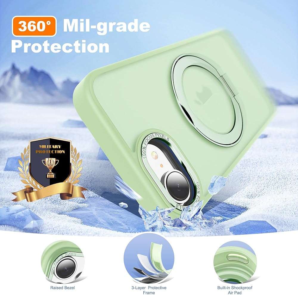 Zalinbo for iPhone 16e Case & iPhone 17e Case with 360° Rotatable Magnetic Ring Stand Compatible with Mag-Safe Military Protection Shockproof Matte Translucent Phone Cases, Green - Image 5