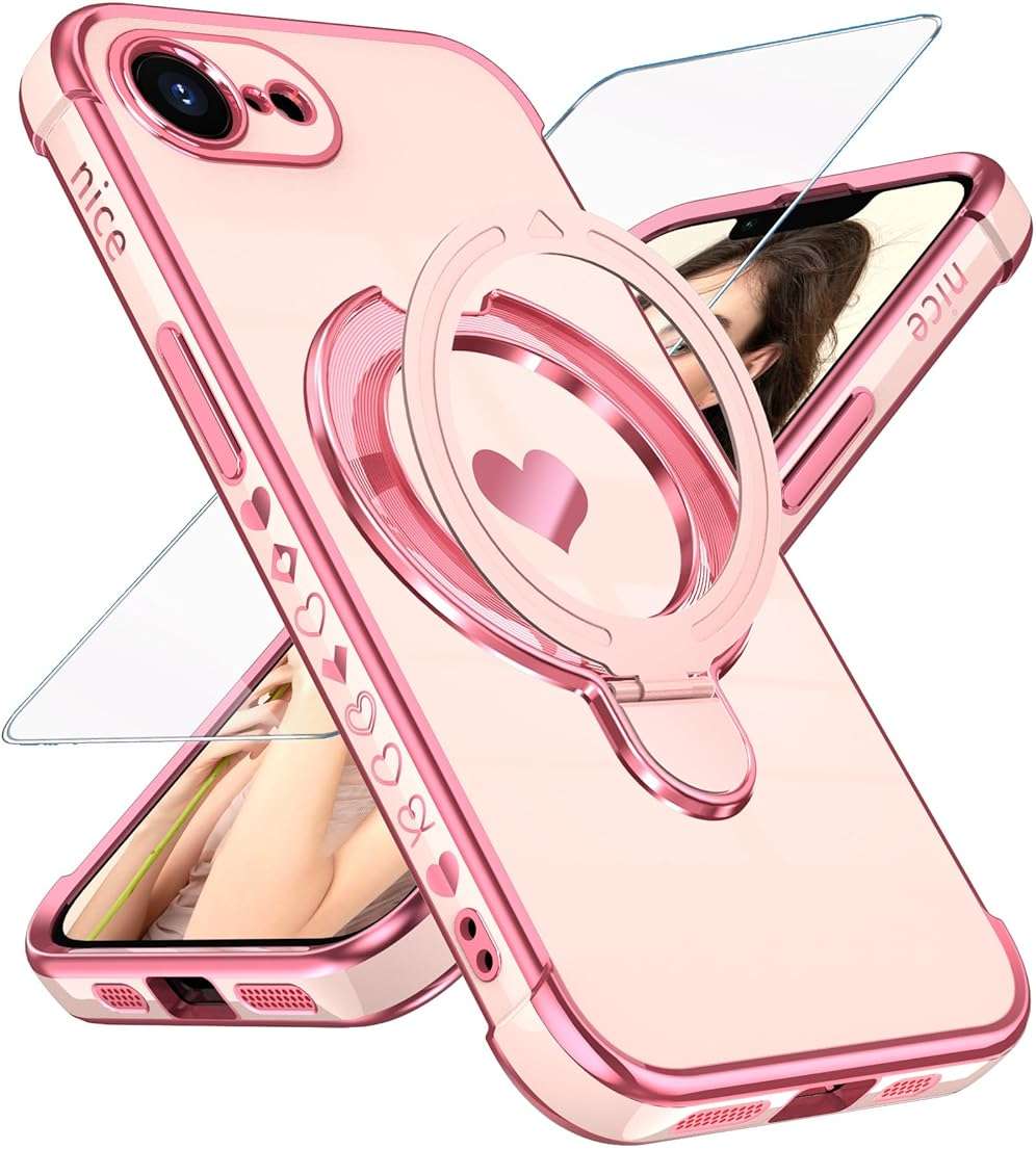 Liufcx for iPhone 17e/16e Phone Case with Screen Protector,Cute Love Heart Pattern,Ring Metal Kickstand,Plated Gold Edge Slim Soft TPU Full Camera Protection Cover for iPhone 17e/16e (Pink) - Image 1