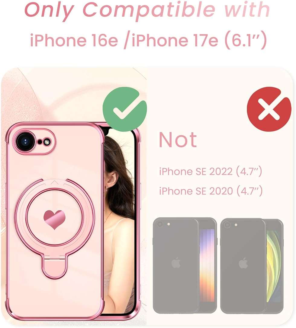 Liufcx for iPhone 17e/16e Phone Case with Screen Protector,Cute Love Heart Pattern,Ring Metal Kickstand,Plated Gold Edge Slim Soft TPU Full Camera Protection Cover for iPhone 17e/16e (Pink) - Image 2