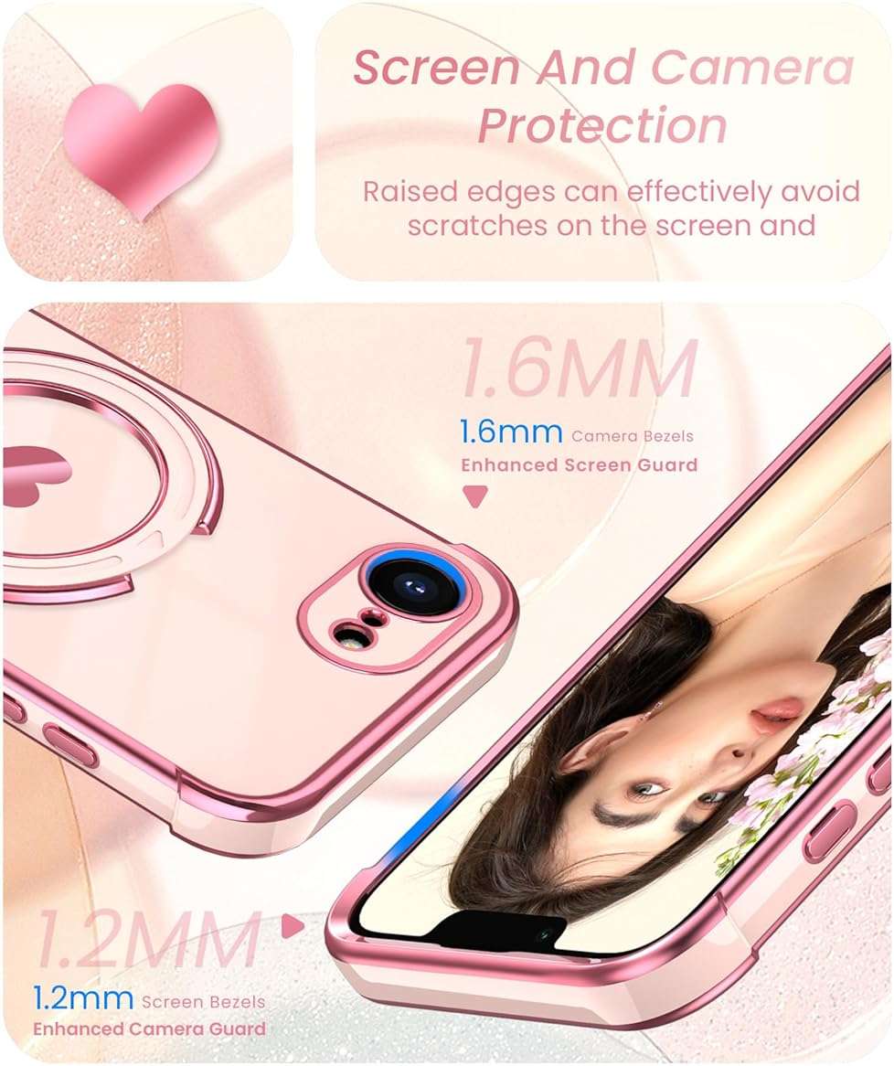 Liufcx for iPhone 17e/16e Phone Case with Screen Protector,Cute Love Heart Pattern,Ring Metal Kickstand,Plated Gold Edge Slim Soft TPU Full Camera Protection Cover for iPhone 17e/16e (Pink) - Image 3