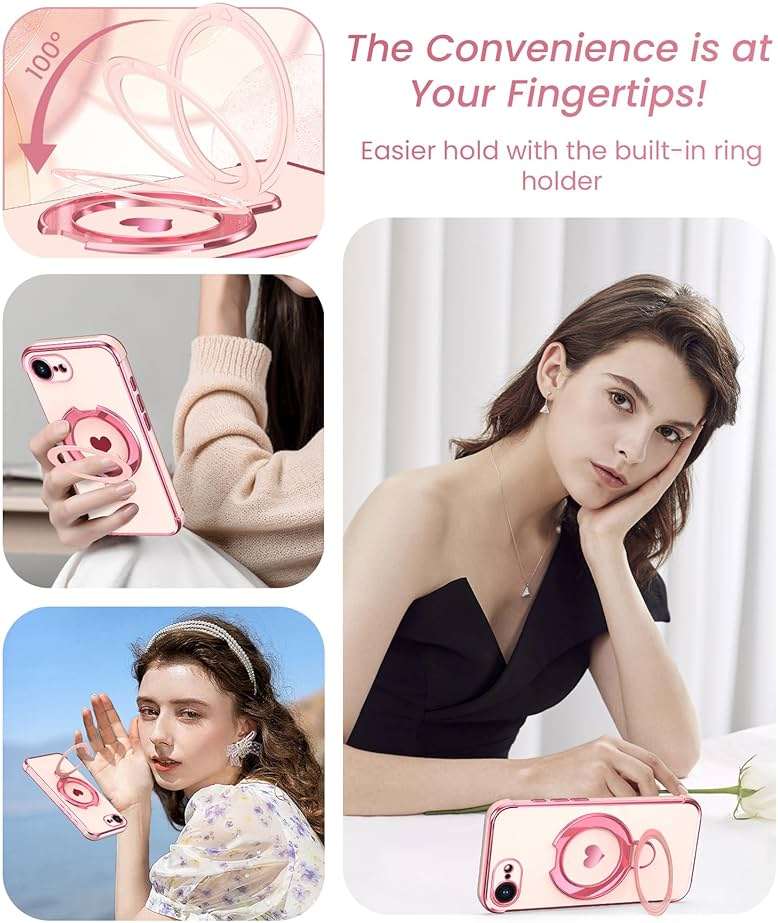 Liufcx for iPhone 17e/16e Phone Case with Screen Protector,Cute Love Heart Pattern,Ring Metal Kickstand,Plated Gold Edge Slim Soft TPU Full Camera Protection Cover for iPhone 17e/16e (Pink) - Image 4