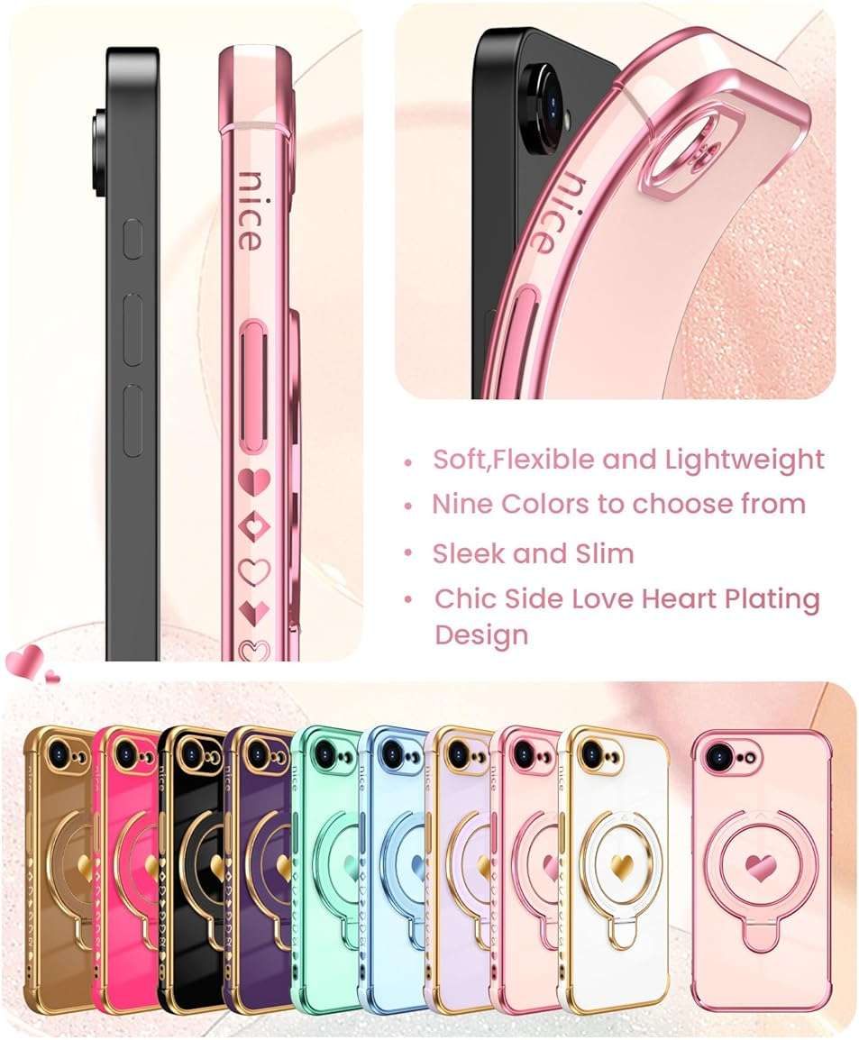 Liufcx for iPhone 17e/16e Phone Case with Screen Protector,Cute Love Heart Pattern,Ring Metal Kickstand,Plated Gold Edge Slim Soft TPU Full Camera Protection Cover for iPhone 17e/16e (Pink) - Image 5