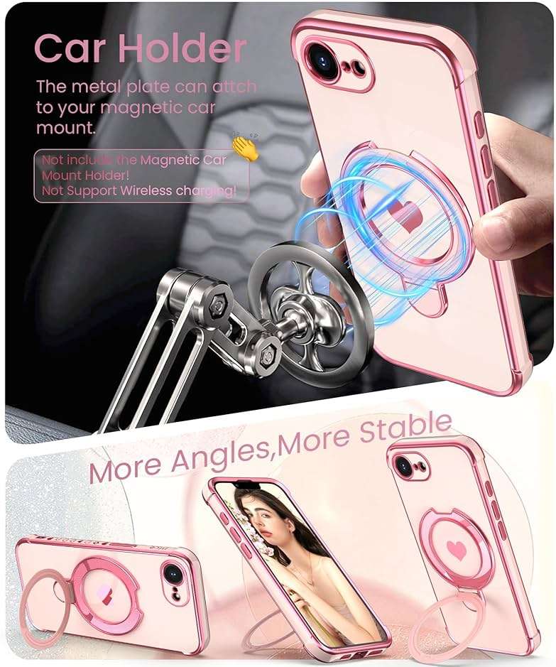 Liufcx for iPhone 17e/16e Phone Case with Screen Protector,Cute Love Heart Pattern,Ring Metal Kickstand,Plated Gold Edge Slim Soft TPU Full Camera Protection Cover for iPhone 17e/16e (Pink) - Image 6