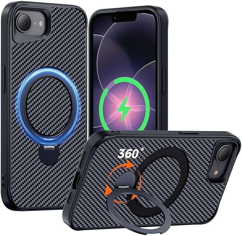 Enlafavo Designed for iPhone 17e Case/iPhone 16e Case with 360° Magnetic Stand, Carbon Fiber Phone Case [Compatible with Magsafe] [15FT Military Protection] with Stand Ring 6.1'', Black - Image 1