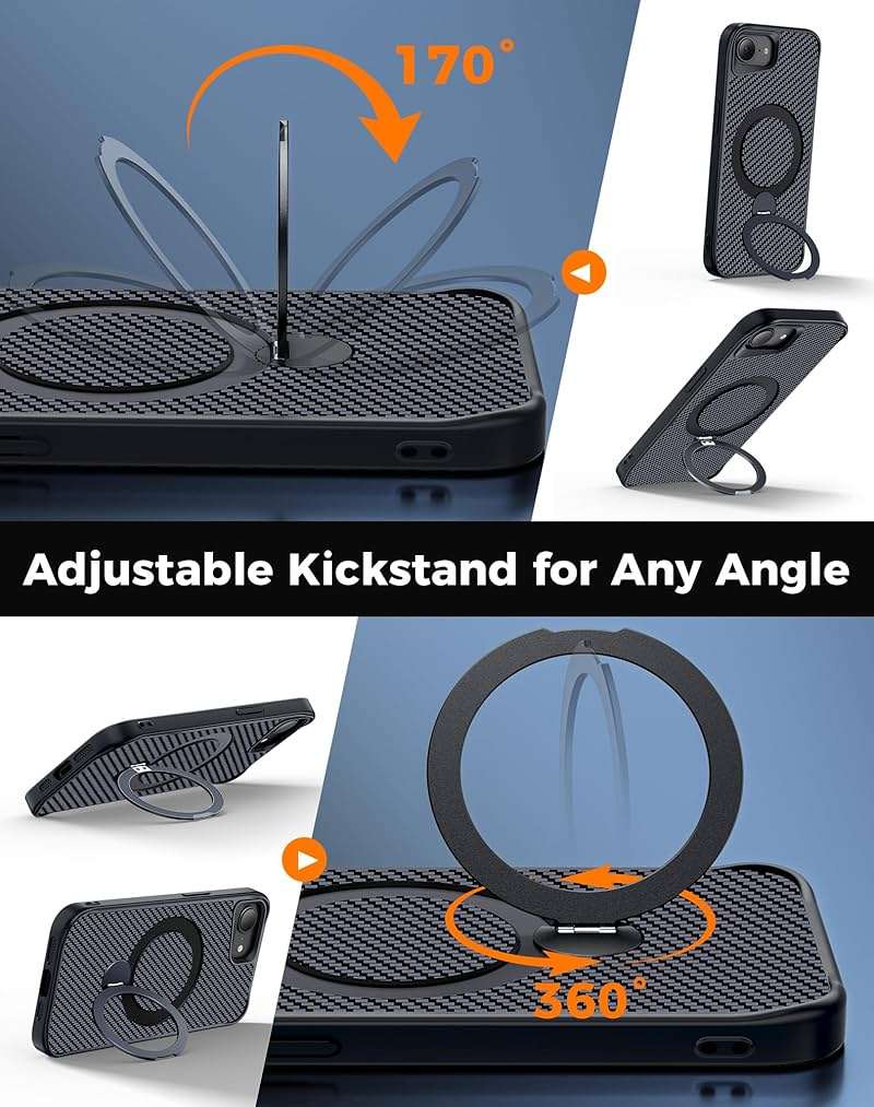 Enlafavo Designed for iPhone 17e Case/iPhone 16e Case with 360° Magnetic Stand, Carbon Fiber Phone Case [Compatible with Magsafe] [15FT Military Protection] with Stand Ring 6.1'', Black - Image 2