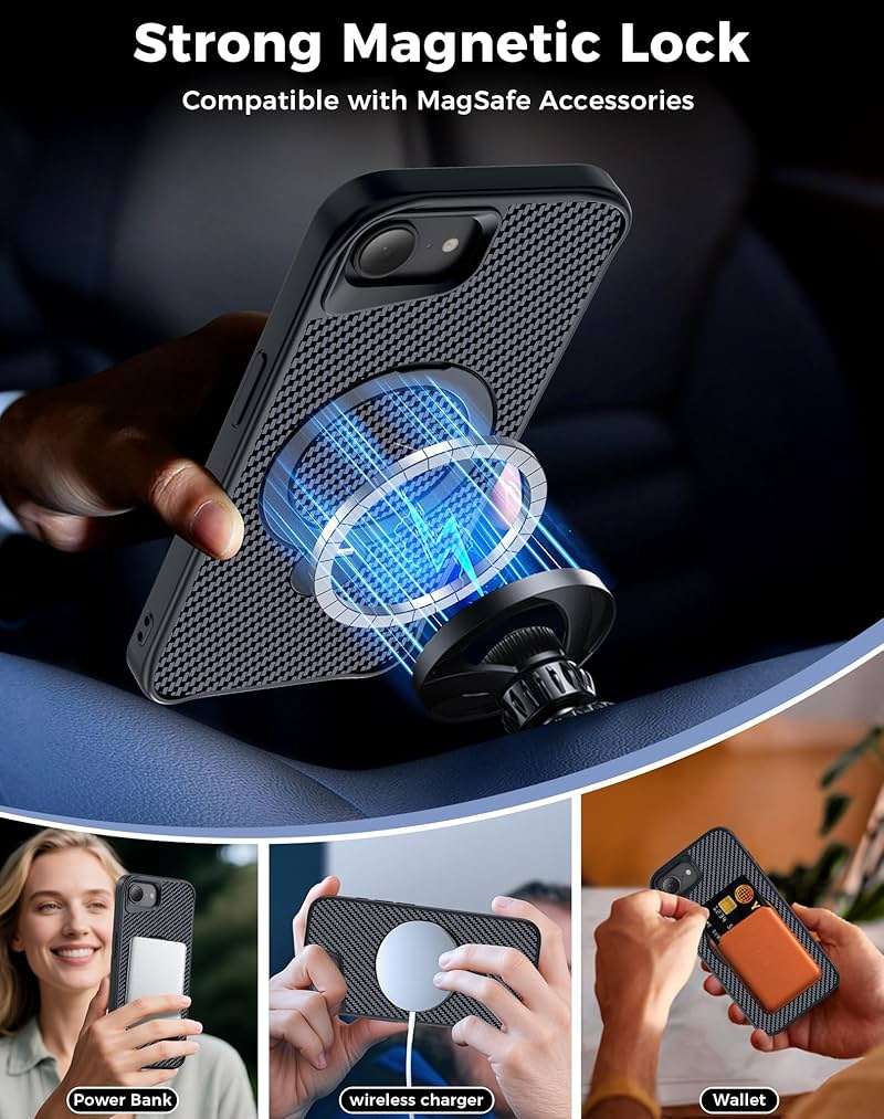 Enlafavo Designed for iPhone 17e Case/iPhone 16e Case with 360° Magnetic Stand, Carbon Fiber Phone Case [Compatible with Magsafe] [15FT Military Protection] with Stand Ring 6.1'', Black - Image 3