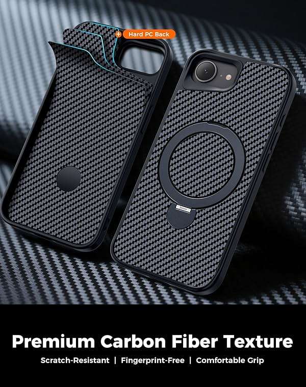 Enlafavo Designed for iPhone 17e Case/iPhone 16e Case with 360° Magnetic Stand, Carbon Fiber Phone Case [Compatible with Magsafe] [15FT Military Protection] with Stand Ring 6.1'', Black - Image 4