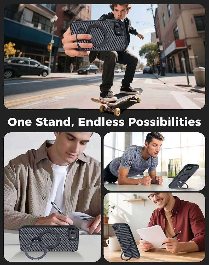 Enlafavo Designed for iPhone 17e Case/iPhone 16e Case with 360° Magnetic Stand, Carbon Fiber Phone Case [Compatible with Magsafe] [15FT Military Protection] with Stand Ring 6.1'', Black - Image 6