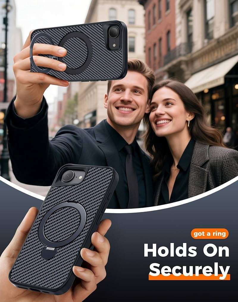 Enlafavo Designed for iPhone 17e Case/iPhone 16e Case with 360° Magnetic Stand, Carbon Fiber Phone Case [Compatible with Magsafe] [15FT Military Protection] with Stand Ring 6.1'', Black - Image 7