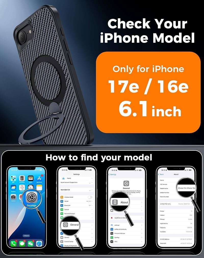 Enlafavo Designed for iPhone 17e Case/iPhone 16e Case with 360° Magnetic Stand, Carbon Fiber Phone Case [Compatible with Magsafe] [15FT Military Protection] with Stand Ring 6.1'', Black - Image 8