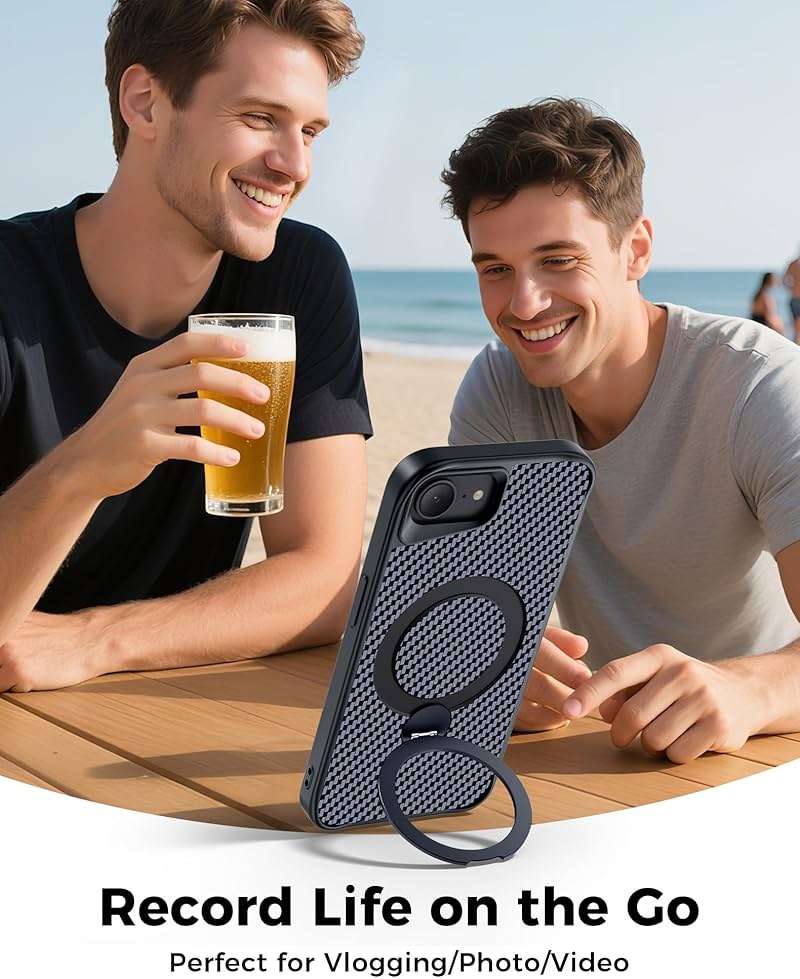 Enlafavo Designed for iPhone 17e Case/iPhone 16e Case with 360° Magnetic Stand, Carbon Fiber Phone Case [Compatible with Magsafe] [15FT Military Protection] with Stand Ring 6.1'', Black - Image 9