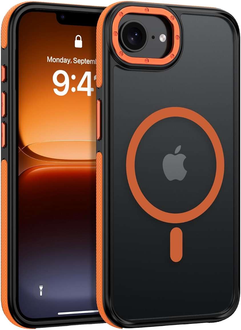 BENTOBEN Magnetic for iPhone 17e Case 2026 [Compatible with Magsafe] [Metal Camera Protection] Slim Translucent Matte Back Anti-Slip Bumper Women Men Phone Cases for iPhone 17e 6.1", Orange/Black - Image 1