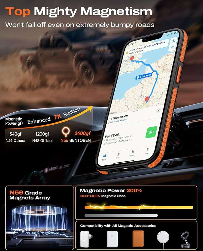 BENTOBEN Magnetic for iPhone 17e Case 2026 [Compatible with Magsafe] [Metal Camera Protection] Slim Translucent Matte Back Anti-Slip Bumper Women Men Phone Cases for iPhone 17e 6.1", Orange/Black - Image 2