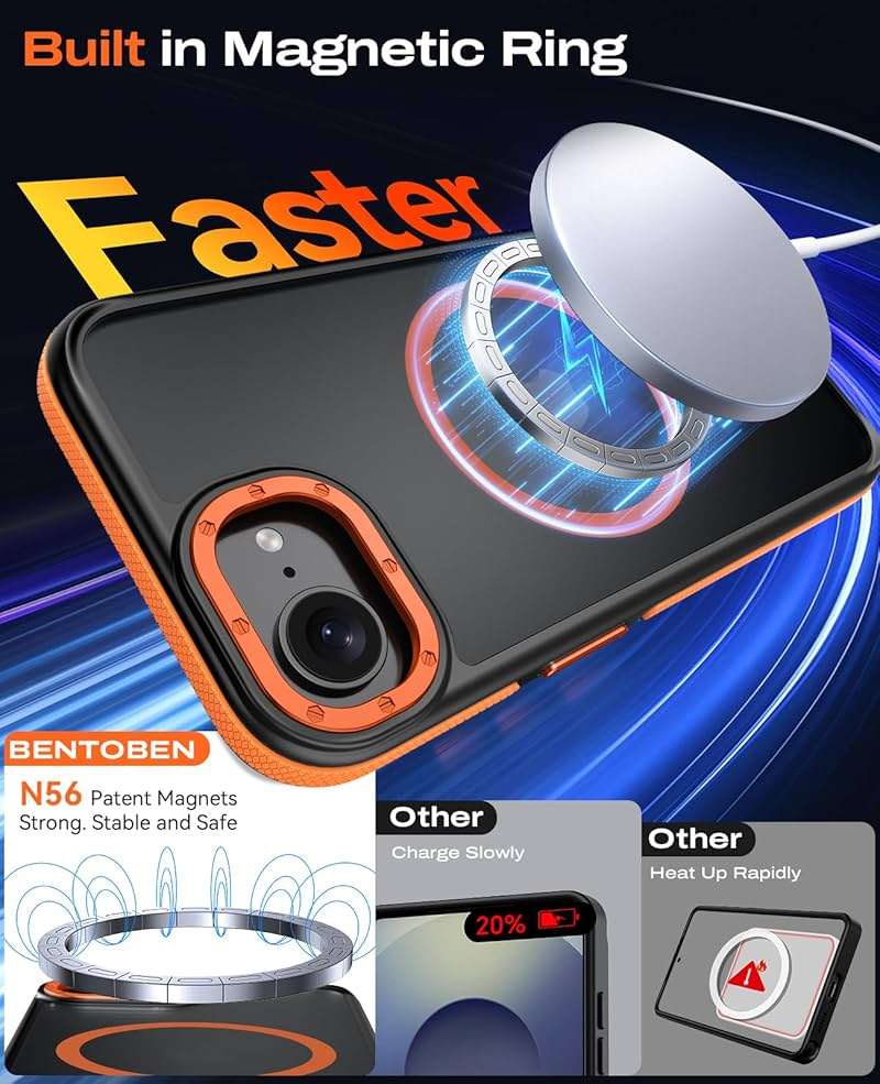 BENTOBEN Magnetic for iPhone 17e Case 2026 [Compatible with Magsafe] [Metal Camera Protection] Slim Translucent Matte Back Anti-Slip Bumper Women Men Phone Cases for iPhone 17e 6.1", Orange/Black - Image 3