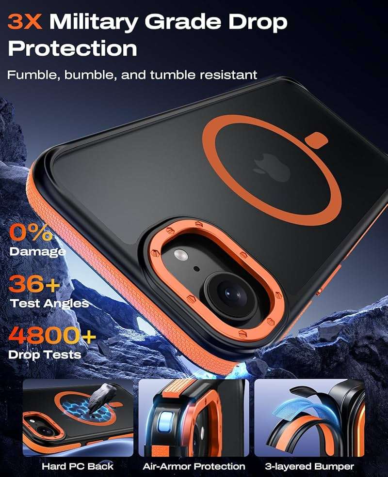 BENTOBEN Magnetic for iPhone 17e Case 2026 [Compatible with Magsafe] [Metal Camera Protection] Slim Translucent Matte Back Anti-Slip Bumper Women Men Phone Cases for iPhone 17e 6.1", Orange/Black - Image 4
